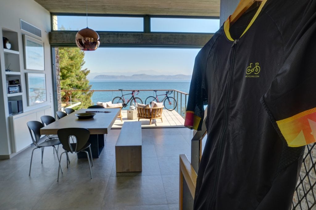 Cycling kits and two rental bicycles at the villa's interior with sea view